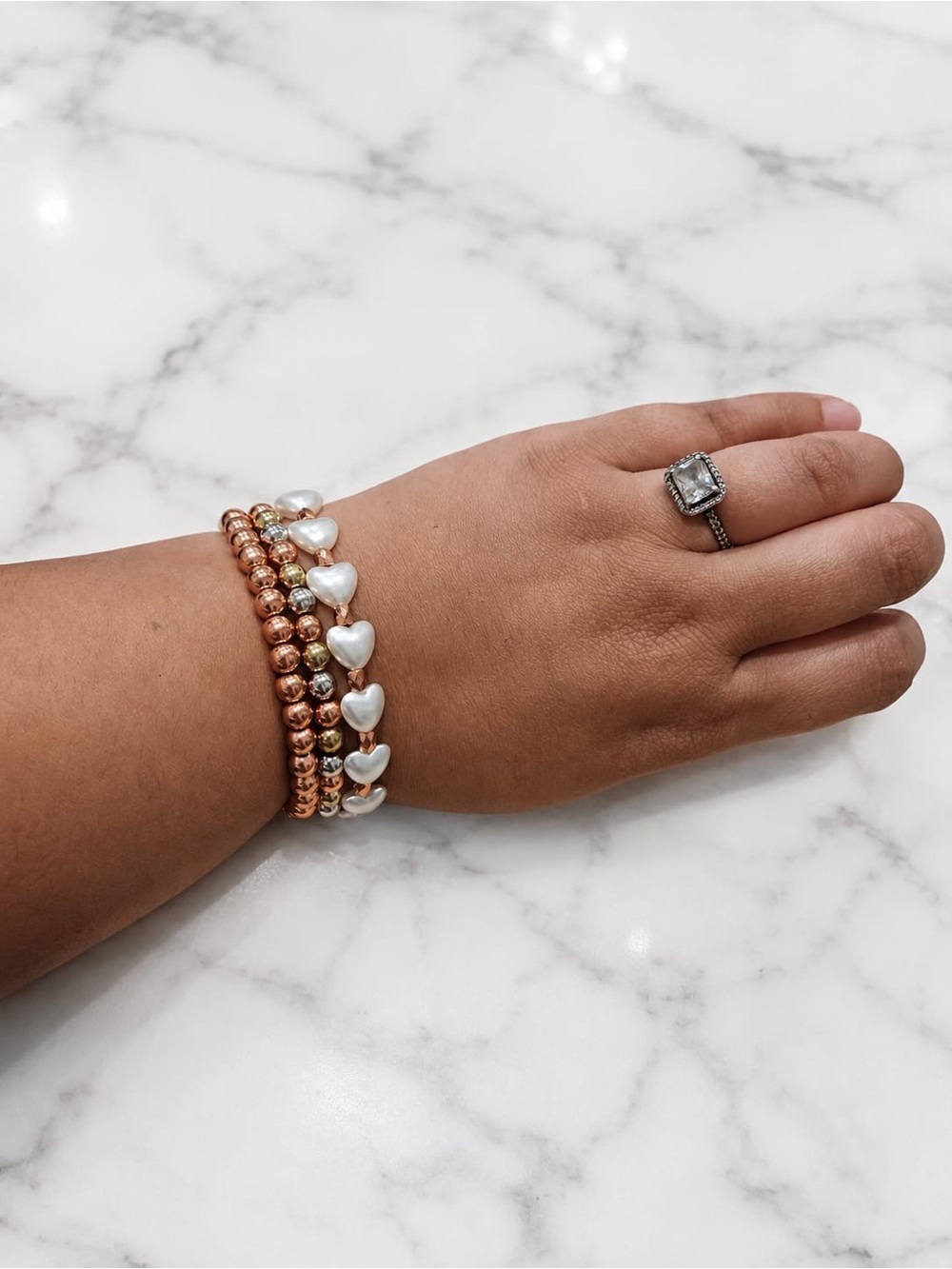 Rose Gold Bead & White Heart Stretch Bracelet Set